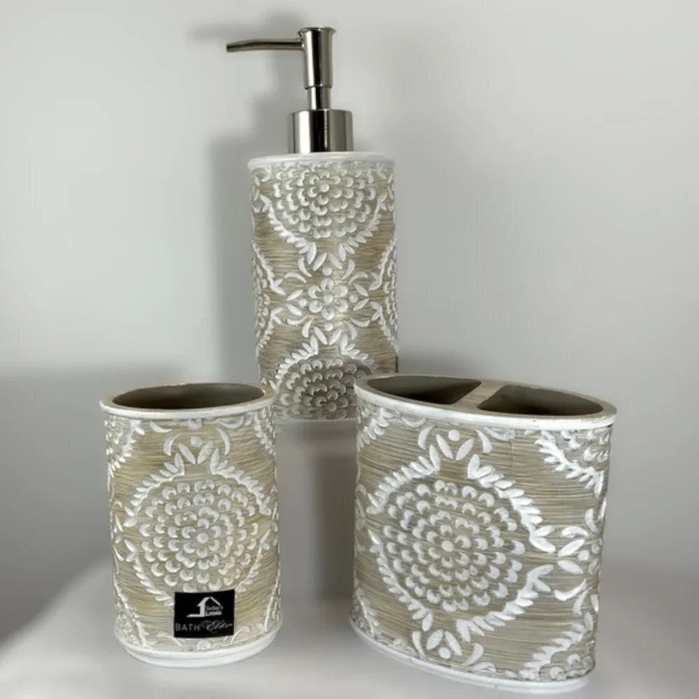 Elite Khaki 3 Piece Bathroom Vanity Accessory Set Tan/Beige White